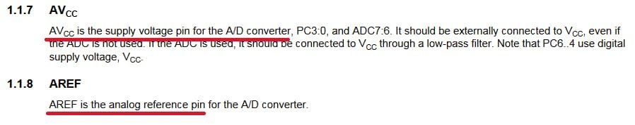 The ATmega328P analog supply and reference voltage pins
